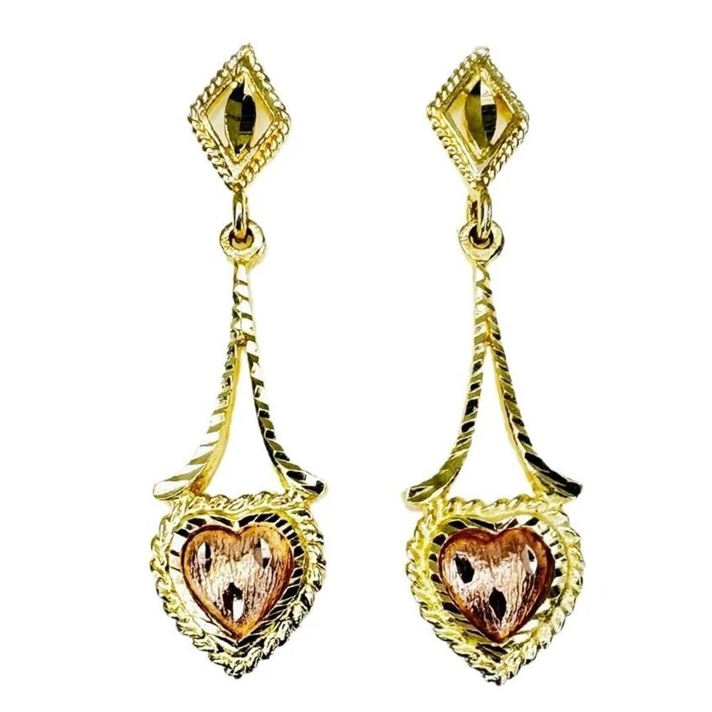 14k Two Tone Gold Etched Hanging Heart Earrings